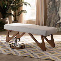 Baxton Studio BBT5367-Greyish Beige/Walnut-Bench Rika Mid-Century Modern Greyish Beige Fabric Upholstered Walnut Brown Finished Boomerang Bench